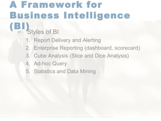 A Framework for  Business Intelligence (BI)   Styles of BI Report Delivery and Alerting Enterprise Reporting (dashboard, scorecard) Cube Analysis (Slice and Dice Analysis) Ad-hoc Query Statistics and Data Mining  