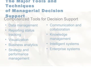 The Major Tools and Techniques  of Managerial Decision Support   Data management Reporting status tracking Visualization Business analytics Strategy and performance management Communication and collaboration Knowledge management Intelligent systems Enterprise systems Computerized Tools for Decision Support 
