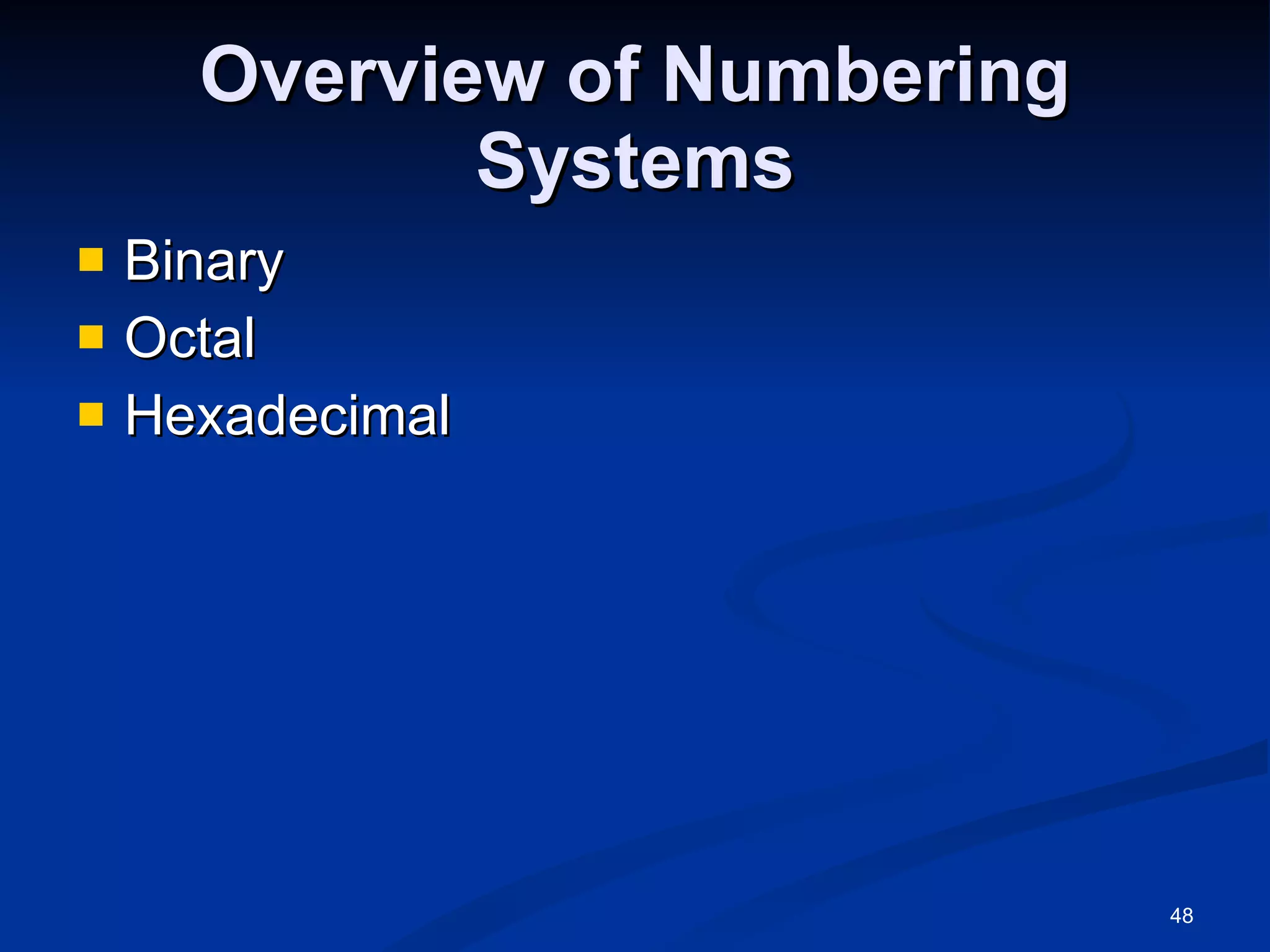 Overview of Numbering Systems Binary Octal Hexadecimal 