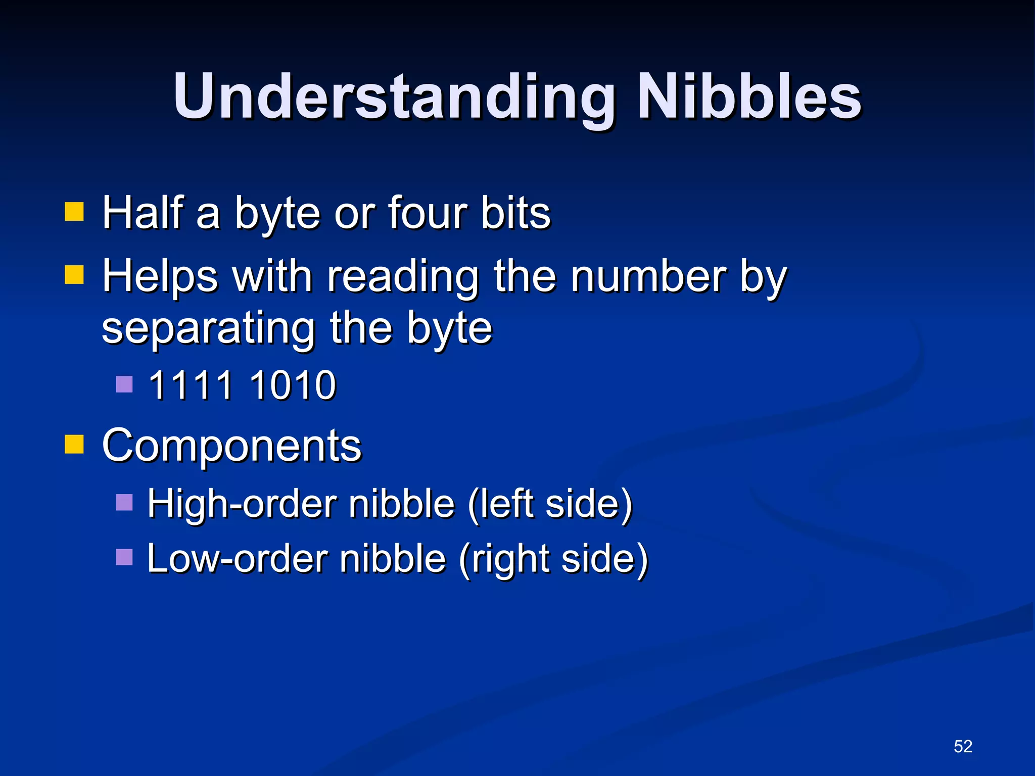 Understanding Nibbles Half a byte or four bits Helps with reading the number by separating the byte 1111 1010 Components High-order nibble (left side) Low-order nibble (right side) 