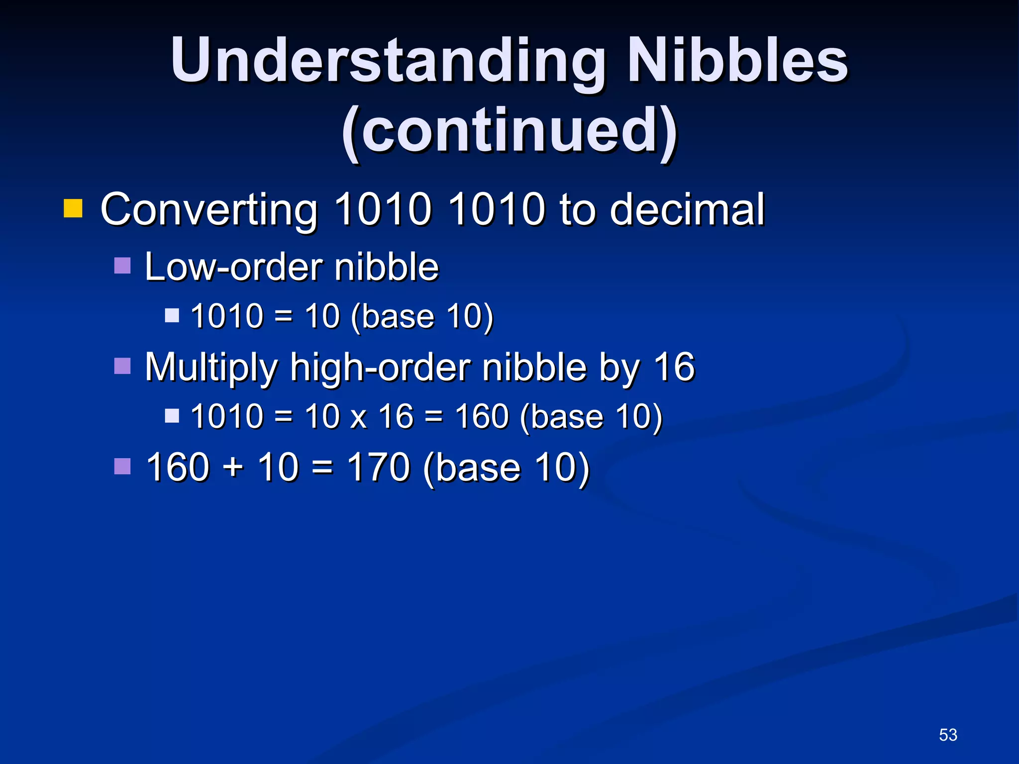 Understanding Nibbles (continued) Converting 1010 1010 to decimal Low-order nibble 1010 = 10 (base 10) Multiply high-order nibble by 16 1010 = 10 x 16 = 160 (base 10) 160 + 10 = 170 (base 10) 
