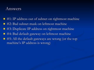 Answers #1: IP address out of subnet on rightmost machine #2: Bad subnet mask on leftmost machine #3: Duplicate IP address on rightmost machine #4: Bad default gateway on leftmost machine #5: All the default gateways are wrong (or the top machine’s IP address is wrong) 