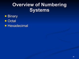 Overview of Numbering Systems Binary Octal Hexadecimal 