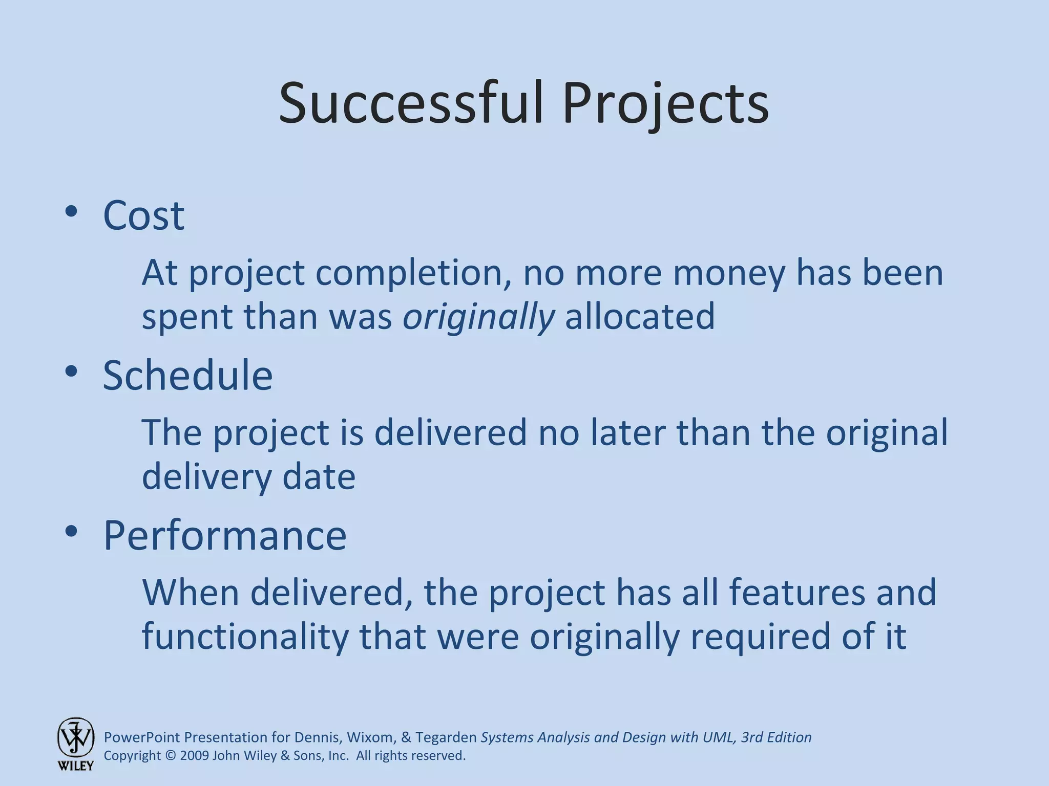 Successful Projects Cost At project completion, no more money has been spent than was  originally  allocated Schedule The project is delivered no later than the original delivery date Performance When delivered, the project has all features and functionality that were originally required of it 