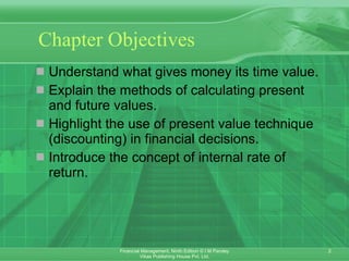 Chapter Objectives Understand what gives money its time value. Explain the methods of calculating present and future values. Highlight the use of present value technique (discounting) in financial decisions. Introduce the concept of internal rate of return. 
