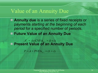 Value of an Annuity Due Annuity due  is a series of fixed receipts or payments  starting at the beginning of each period  for a specified number of periods.  Future Value of an Annuity Due Present Value of an Annuity Due 