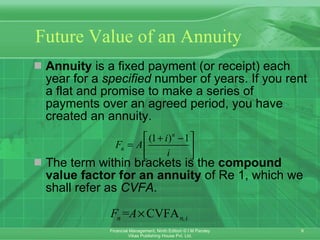 Future Value of an Annuity Annuity  is a fixed payment (or receipt) each year for a  specified  number of years. If you rent a flat and promise to make a series of payments over an agreed period, you have created an annuity.   The term within brackets is the  compound value factor for an annuity  of Re 1, which we shall refer as  CVFA .   