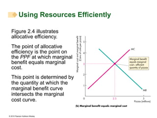 Figure 2.4 illustrates allocative efficiency. The point of allocative efficiency is the point on the  PPF  at which marginal benefit equals marginal cost. Using Resources Efficiently  This point is determined by the quantity at which the marginal benefit curve intersects the marginal cost curve. 