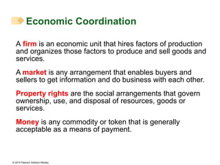 A  firm  is an economic unit that hires factors of production and organizes those factors to produce and sell goods and services. A  market  is any arrangement that enables buyers and sellers to get information and do business with each other. Property rights  are the social arrangements that govern ownership, use, and disposal of resources, goods or services. Money  is any commodity or token that is generally acceptable as a means of payment. Economic Coordination 