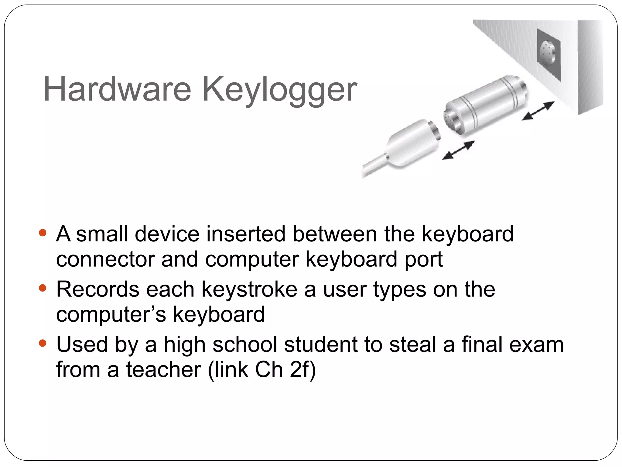 Hardware Keylogger A small device inserted between the keyboard connector and computer keyboard port  Records each keystroke a user types on the computer’s keyboard Used by a high school student to steal a final exam from a teacher (link Ch 2f) 