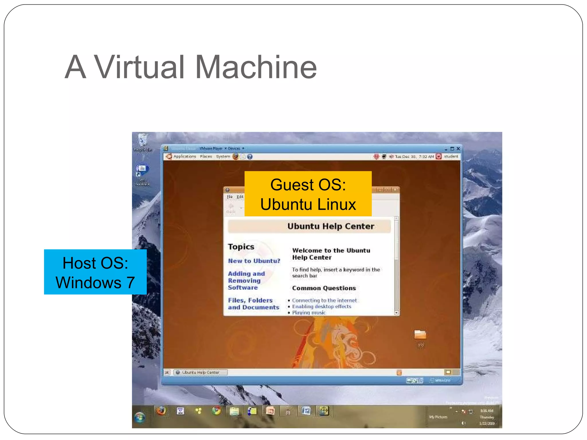A Virtual Machine Host OS: Windows 7 Guest OS: Ubuntu Linux 