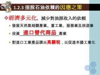 1.2.3 擺脫石油依賴的因應之策

經濟多元化，減少對油源收入的依賴
  發展天然氣相關產業、重工業、服務業及旅遊業
       進口替代商品
  投資__________________產業

  對進口工業產品課以高關稅，以促進本國工業化
 