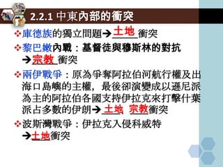 2.2.1 中東內部的衝突
             土地
庫德族的獨立問題_______衝突
黎巴嫩內戰：基督徒與穆斯林的對抗
  宗教
 _______衝突
兩伊戰爭：原為爭奪阿拉伯河航行權及出
 海口島嶼的主權，最後卻演變成以遜尼派
 為主的阿拉伯各國支持伊拉克來打擊什葉
            土地 宗教
 派占多數的伊朗_____、_____衝突
波斯灣戰爭：伊拉克入侵科威特
  土地
 _____衝突
 