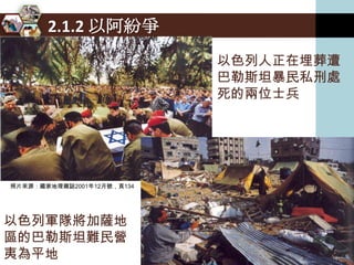 2.1.2 以阿紛爭
                            以色列人正在埋葬遭
                            巴勒斯坦暴民私刑處
                            死的兩位士兵




照片來源：國家地理雜誌2001年12月號，頁134




以色列軍隊將加薩地
區的巴勒斯坦難民營
夷為平地
 