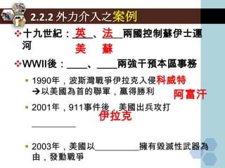 2.2.2 外力介入之案例
          英 法
十九世紀：____、____兩國控制蘇伊士運
 河        美 蘇
WWⅡ後：____、____兩強干預本區事務
  1990年，波斯灣戰爭伊拉克入侵科威特
   以美國為首的聯軍，贏得勝利    阿富汗
  2001年，911事件後，美國出兵攻打
               伊拉克
  __________

  2003年，美國以__________擁有毀滅性武器為
   由，發動戰爭
 