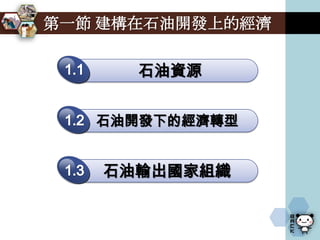 第一節 建構在石油開發上的經濟

      石油資源


   石油開發下的經濟轉型


   石油輸出國家組織
 