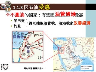 1.1.3 因石油受惠
           油管通過
不產油的國家：有些因__________而受惠
  黎巴嫩
         得以抽取油管稅、油港稅來改善經濟
  約旦




     圖片來源:龍騰出版社
 