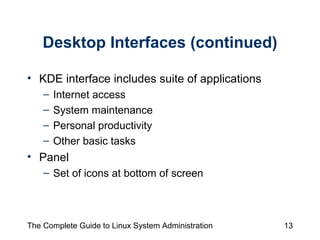 Desktop Interfaces (continued) KDE interface includes suite of applications Internet access  System maintenance  Personal productivity  Other basic tasks Panel Set of icons at bottom of screen 