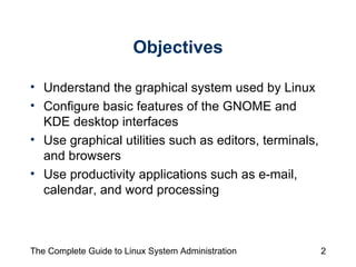 Objectives Understand the graphical system used by Linux Configure basic features of the GNOME and KDE desktop interfaces Use graphical utilities such as editors, terminals, and browsers Use productivity applications such as e-mail, calendar, and word processing 