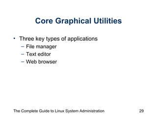Core Graphical Utilities Three key types of applications File manager Text editor Web browser 