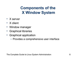 Components of the  X Window System X server X client Window manager Graphical libraries Graphical application  Provides a comprehensive user interface 