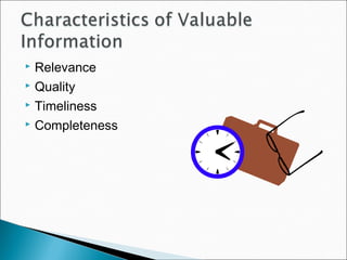  Relevance
 Quality
 Timeliness
 Completeness
 