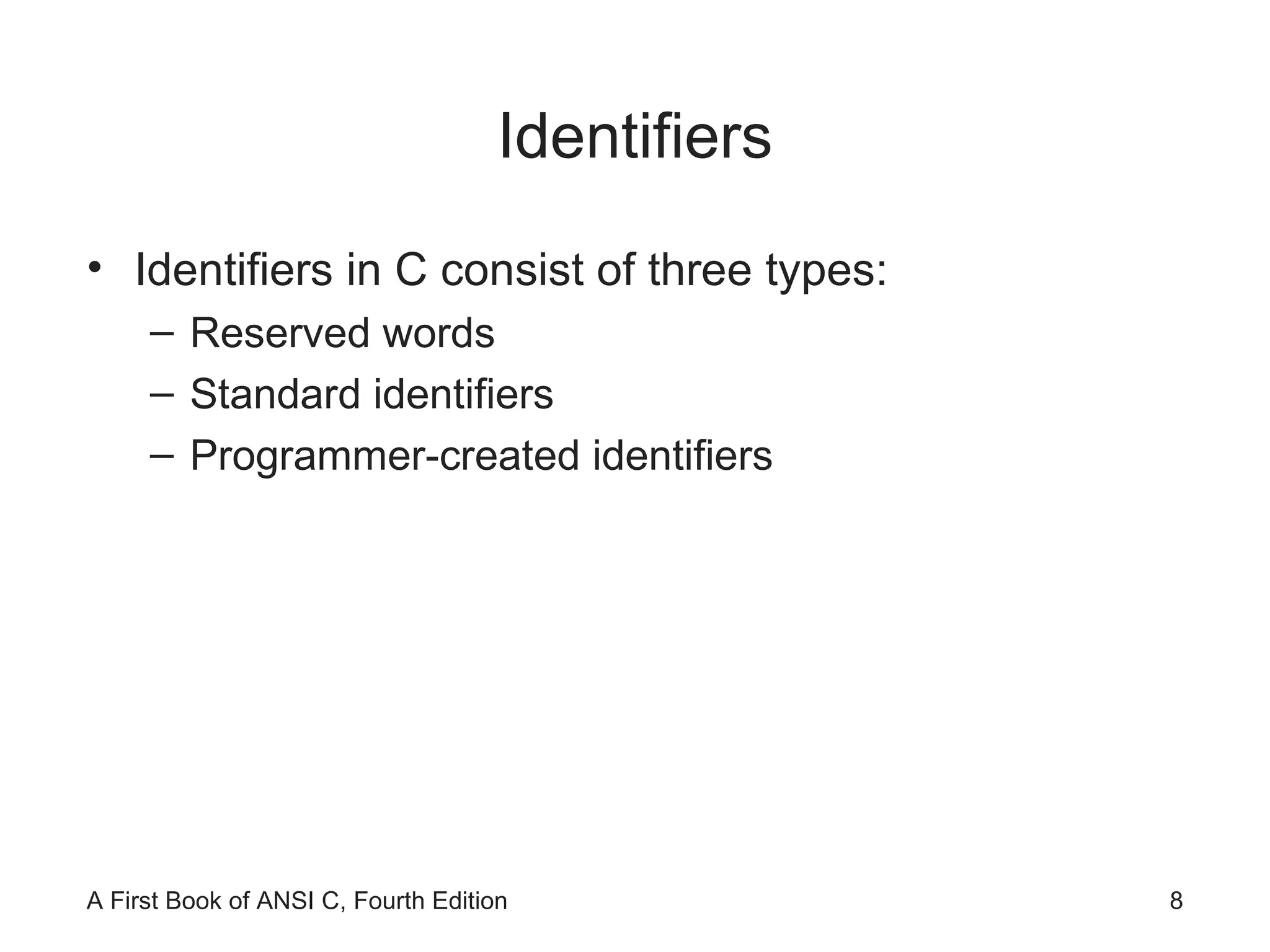 Identifiers Identifiers in C consist of three types: Reserved words Standard identifiers Programmer-created identifiers 