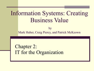 Information Systems: Creating Business Value   by Mark Huber, Craig Piercy, and Patrick McKeown Chapter 2:  IT for the Organization 