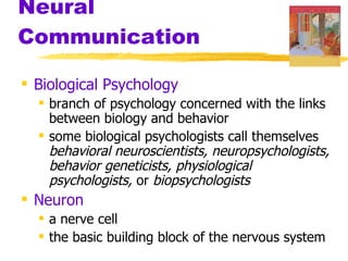 Neural Communication Biological Psychology branch of psychology concerned with the links between biology and behavior some biological psychologists call themselves  behavioral neuroscientists, neuropsychologists, behavior geneticists, physiological psychologists,  or  biopsychologists Neuron a nerve cell the basic building block of the nervous system 