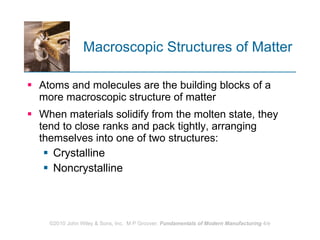 Macroscopic Structures of Matter Atoms and molecules are the building blocks of a more macroscopic structure of matter When materials solidify from the molten state, they tend to close ranks and pack tightly, arranging themselves into one of two structures:  Crystalline Noncrystalline 