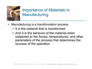 Importance of Materials in Manufacturing Manufacturing is a transformation process  It is the material that is transformed And it is the behavior of the material when subjected to the forces, temperatures, and other parameters of the process that determines the success of the operation  