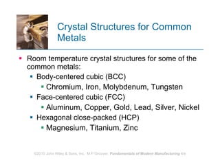Crystal Structures for Common Metals  Room temperature crystal structures for some of the common metals: Body‑centered cubic (BCC)  Chromium, Iron, Molybdenum, Tungsten Face‑centered cubic (FCC)  Aluminum, Copper, Gold, Lead, Silver, Nickel Hexagonal close‑packed (HCP) Magnesium, Titanium, Zinc 
