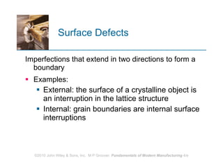 Surface Defects  Imperfections that extend in two directions to form a boundary  Examples: External: the surface of a crystalline object is an interruption in the lattice structure  Internal: grain boundaries are internal surface interruptions  