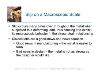 Slip on a Macroscopic Scale Slip occurs many times over throughout the metal when subjected to a deforming load, thus causing it to exhibit its macroscopic behavior in the stress-strain relationship  Dislocations are a good‑news‑bad‑news situation  Good news in manufacturing – the metal is easier to form Bad news in design – the metal is not as strong as the designer would like 