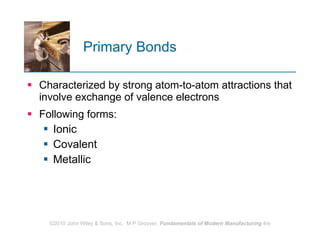 Primary Bonds Characterized by strong atom‑to‑atom attractions that involve exchange of valence electrons  Following forms:  Ionic Covalent Metallic  
