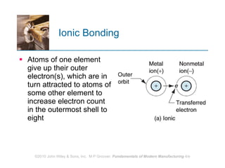 Ionic Bonding Atoms of one element give up their outer electron(s), which are in turn attracted to atoms of some other element to increase electron count in the outermost shell to eight  