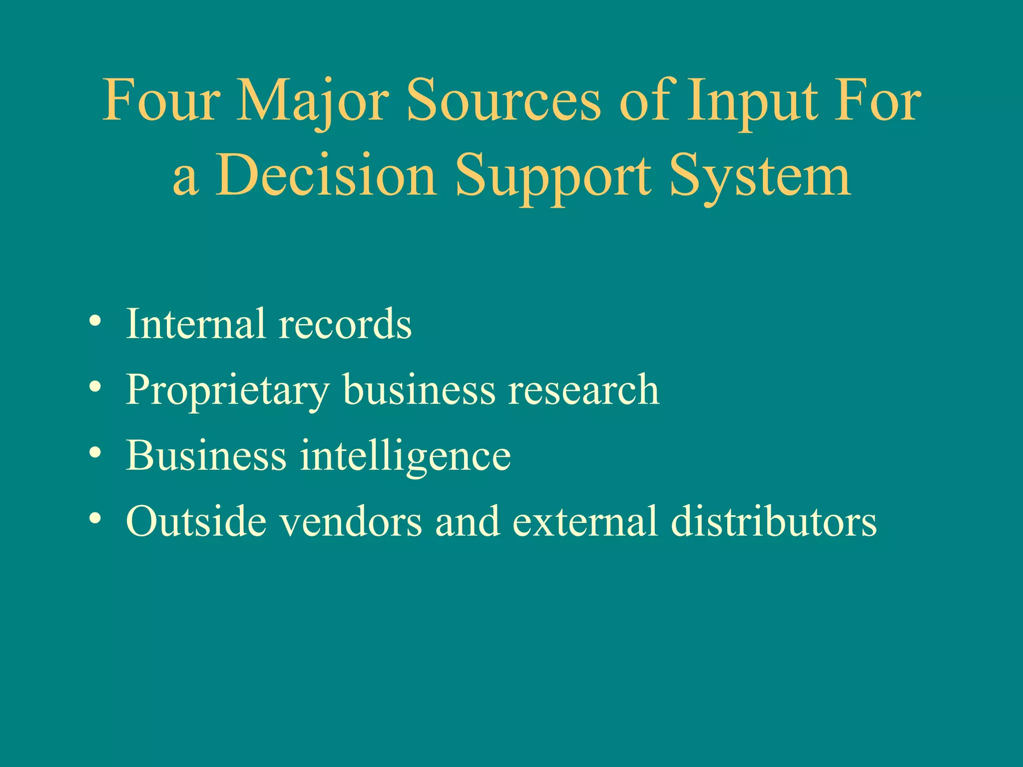 Four Major Sources of Input For a Decision Support System Internal records Proprietary business research Business intelligence Outside vendors and external distributors 