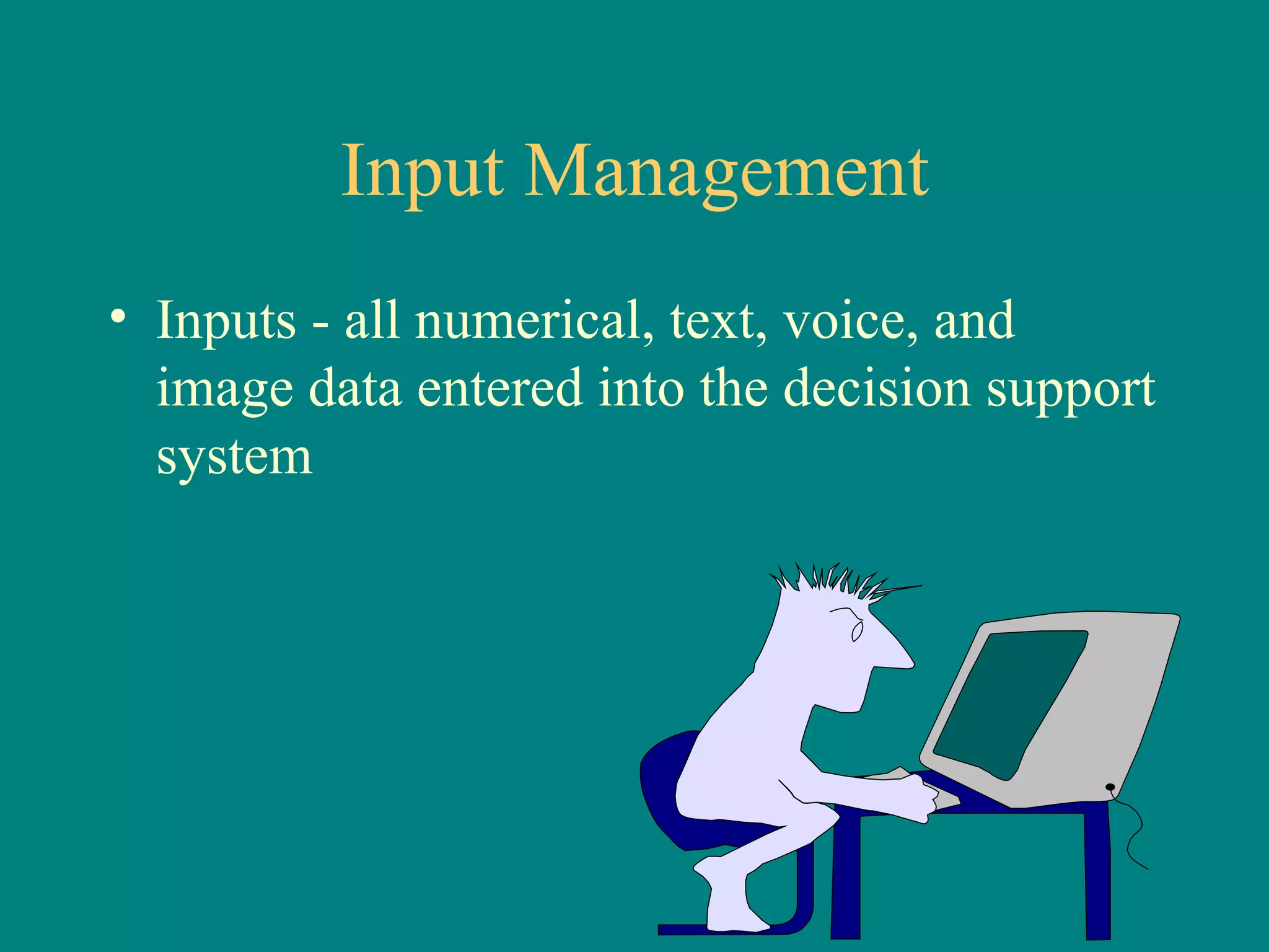 Input Management Inputs - all numerical, text, voice, and image data entered into the decision support system 