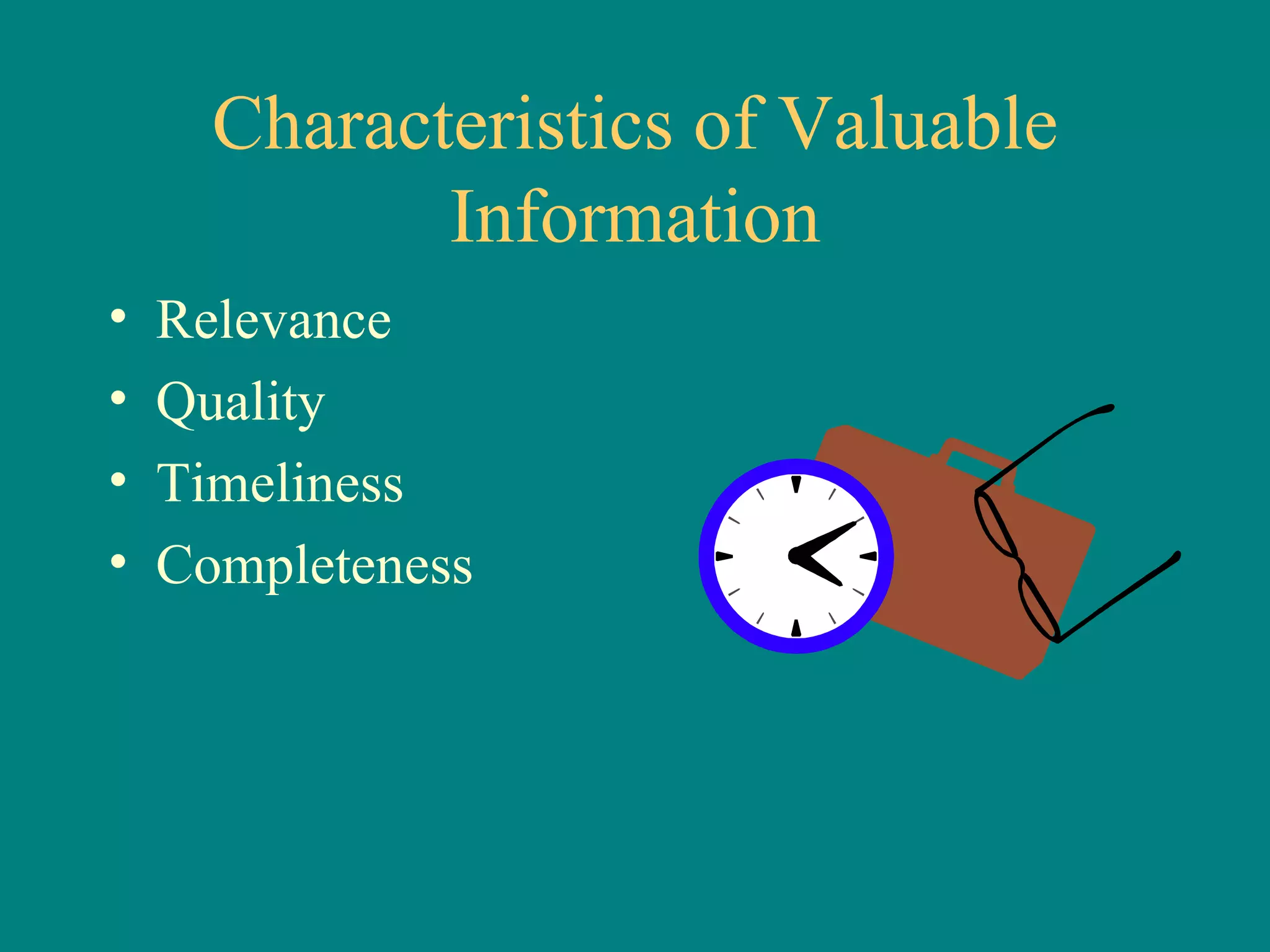 Characteristics of Valuable Information Relevance Quality Timeliness Completeness 