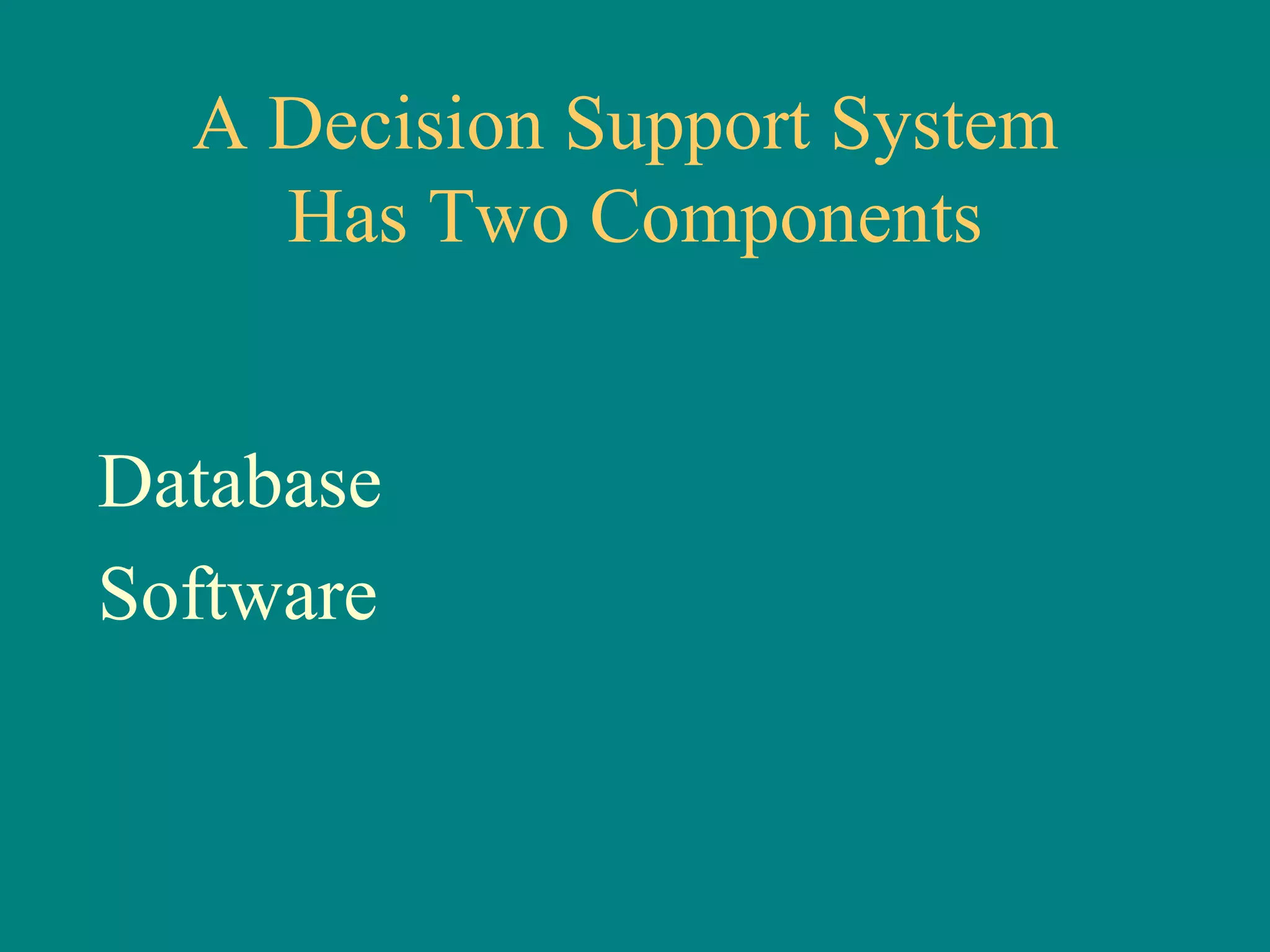 A Decision Support System  Has Two Components Database Software 
