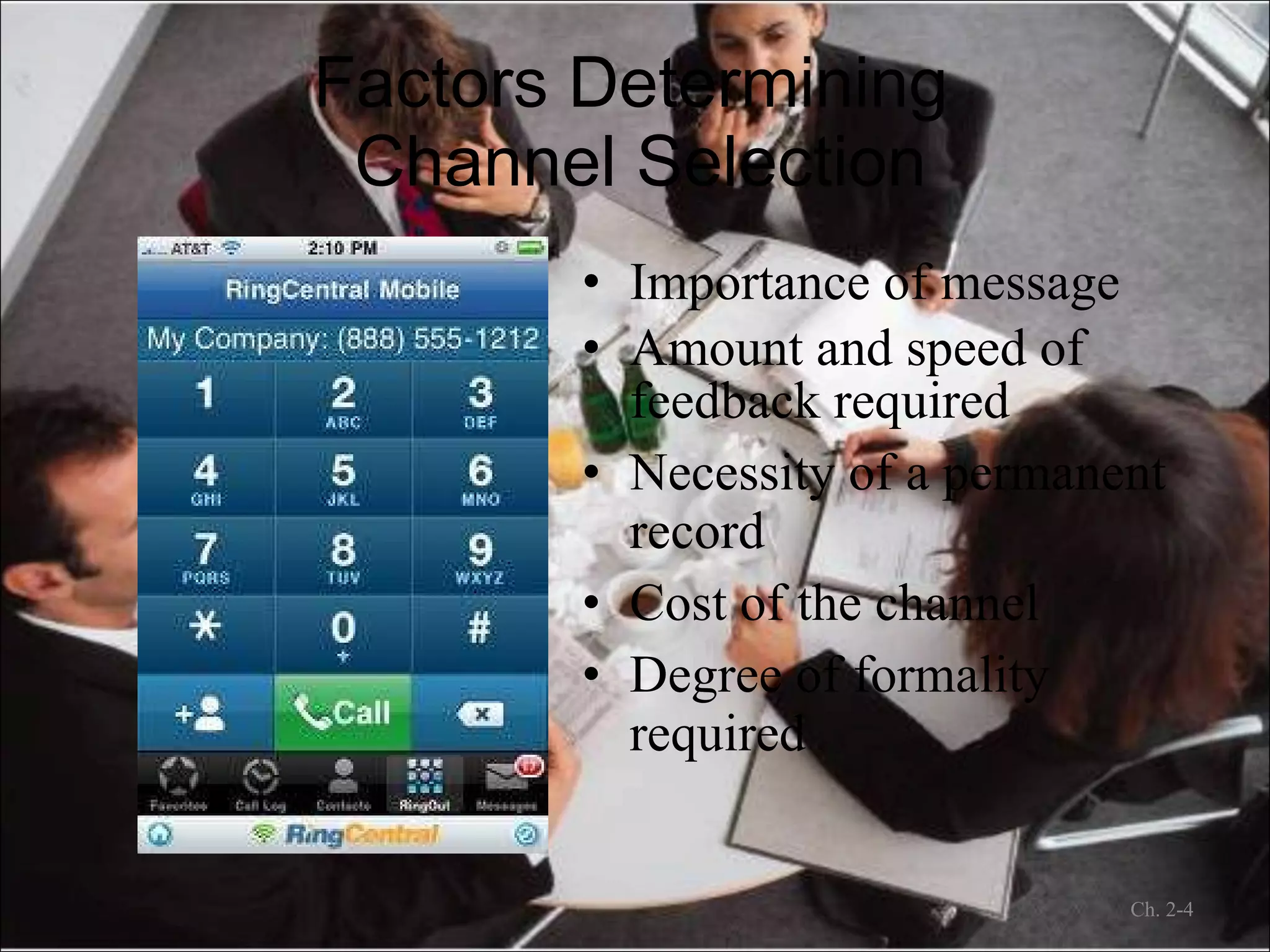 Factors Determining  Channel Selection Importance of message Amount and speed of feedback required Necessity of a permanent record Cost of the channel Degree of formality required Ch. 2- 