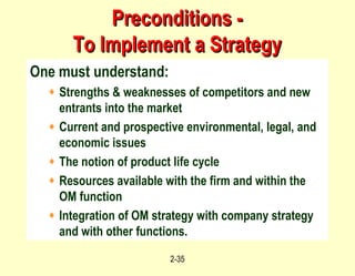 Preconditions - To Implement a Strategy One must understand: Strengths & weaknesses of competitors and new entrants into the market Current and prospective environmental, legal, and economic issues The notion of product life cycle Resources available with the firm and within the OM function Integration of OM strategy with company strategy and with other functions. 