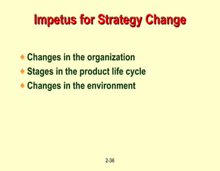 Impetus for Strategy Change Changes in the organization Stages in the product life cycle Changes in the environment 