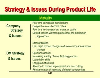 Strategy & Issues During Product Life Company Strategy & Issues OM Strategy & Issues Poor time to increase market share Competitive costs become critical Poor time to change price, image, or quality Defend position via fresh promotional and distribution approaches Standardization Less rapid product changes and more minor annual model changes Optimum capacity Increasing stability of manufacturing process Lower labor skills Long production runs Attention to product improvement and cost cutting Re-examination of necessity of design compromises   Maturity 