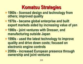 Komatsu Strategies 1960s - licensed design and technology from others; improved quality 1970s - became global enterprise and built export markets aided by increasing value of yen 1980s - joint ventures with Dresser, and manufacturing outside Japan 1990s - used the latest technology to improve quality and drive down costs; focused on electronic engine controls 2000s - increased European presence through ownership and joint ventures 
