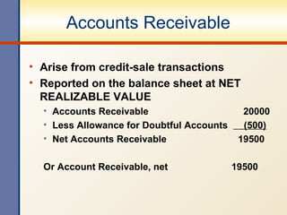 Accounts Receivable Arise from credit-sale transactions Reported on the balance sheet at NET REALIZABLE VALUE Accounts Receivable   20000 Less Allowance for Doubtful Accounts  (500) Net Accounts Receivable     19500 Or Account Receivable, net    19500  