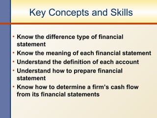 Key Concepts and Skills Know the difference type of financial statement Know the meaning of each financial statement Understand the definition of each account Understand how to prepare financial statement Know how to determine a firm’s cash flow from its financial statements 