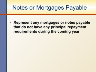 Notes or Mortgages Payable Represent any mortgages or notes payable that do not have any principal repayment requirements during the coming year 
