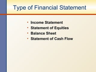 Type of Financial Statement Income Statement Statement of Equities Balance Sheet Statement of Cash Flow 