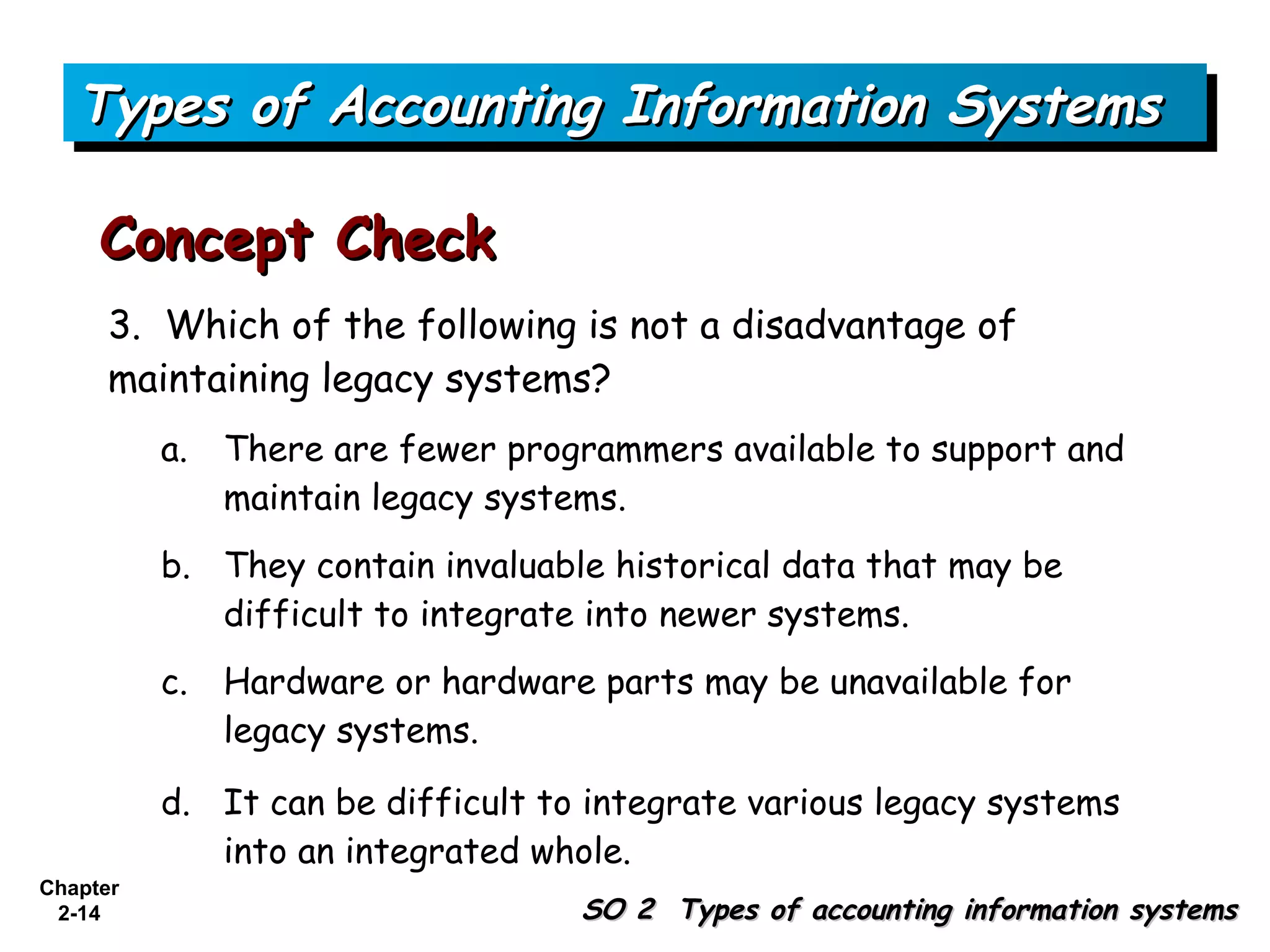 Types of Accounting Information Systems

     Concept Check
      3. Which of the following is not a disadvantage of
      maintaining legacy systems?
          a.   There are fewer programmers available to support and
               maintain legacy systems.
          b. They contain invaluable historical data that may be
             difficult to integrate into newer systems.
          c.   Hardware or hardware parts may be unavailable for
               legacy systems.

          d. It can be difficult to integrate various legacy systems
             into an integrated whole.
Chapter
 2-14                              SO 2 Types of accounting information systems
 
